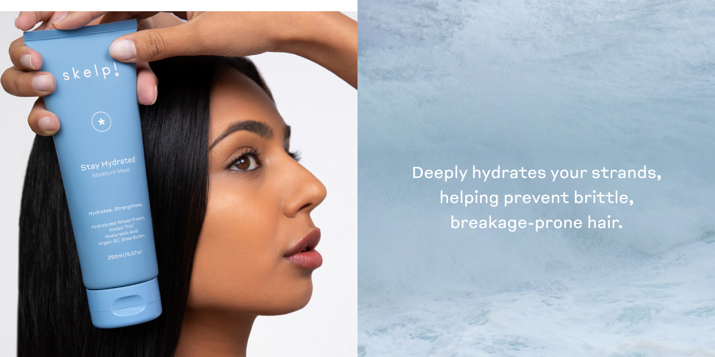 Model holding hair mask. Deeply hydrates your strands helping prevent brittle, breakage-prone hair. 