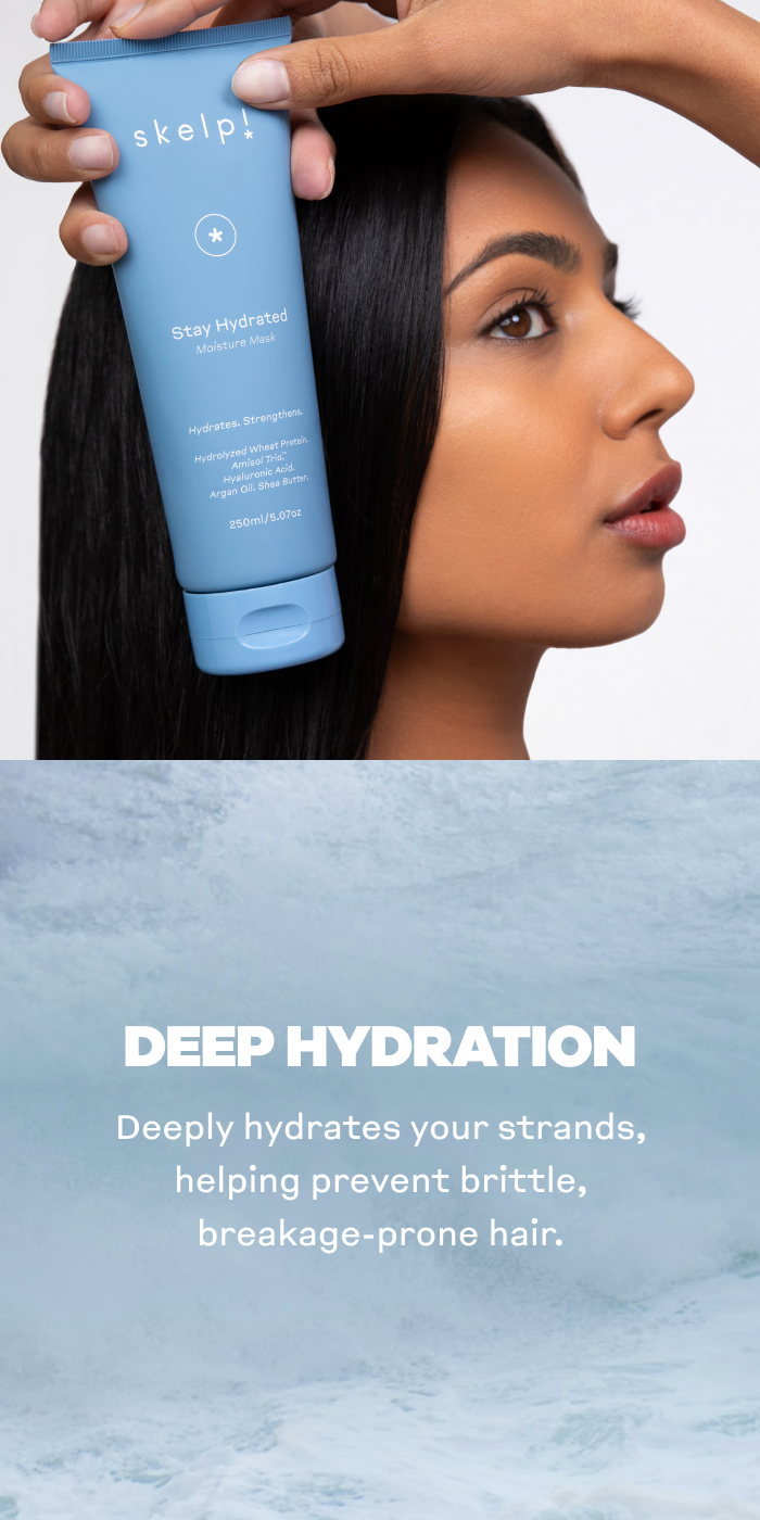 Model holding hair mask. Deeply hydrates your strands helping prevent brittle, breakage-prone hair. 