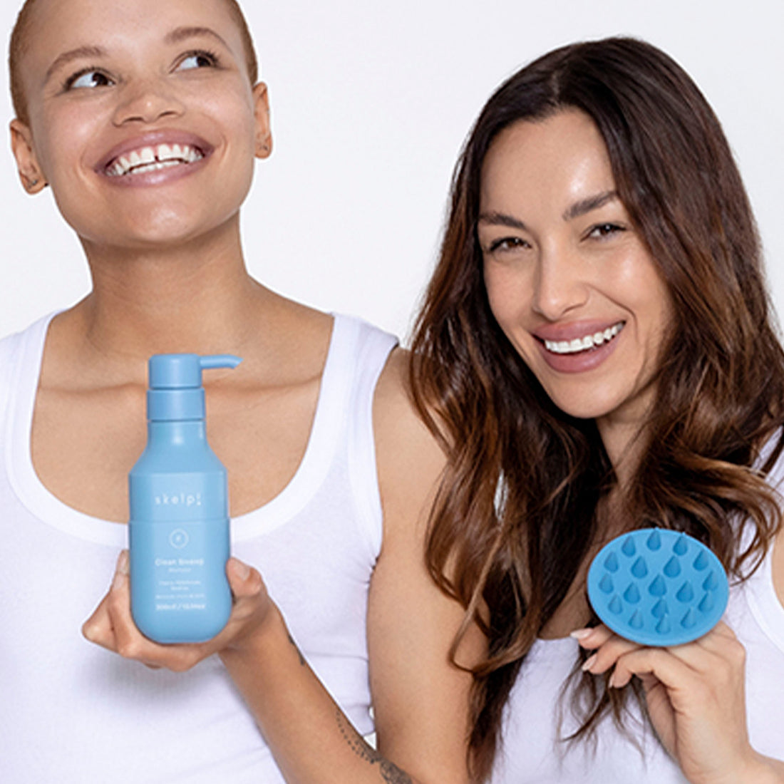 skelp! models holding Clean Sweep Shampoo and scalp brush